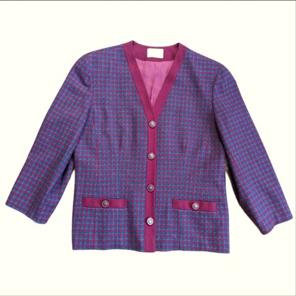 Vintage Pendleton 100% Virgin Wool Burgundy Houndstooth Fitted Blazer Jacket - Picture 1 of 6